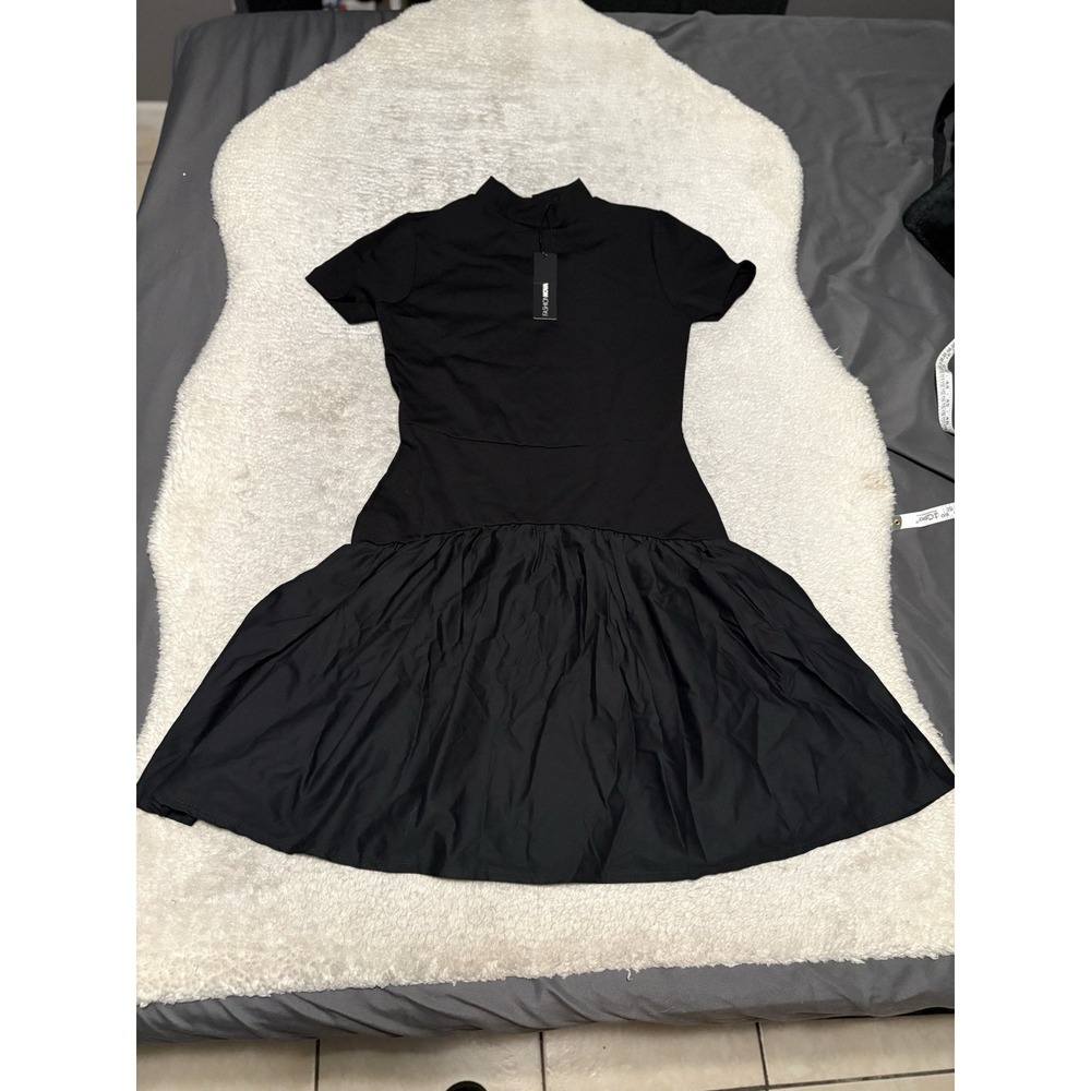Fashion Nova Kennedy Drop Waist Mini Dress Black Size L Short Sleeve Bubble Hem
